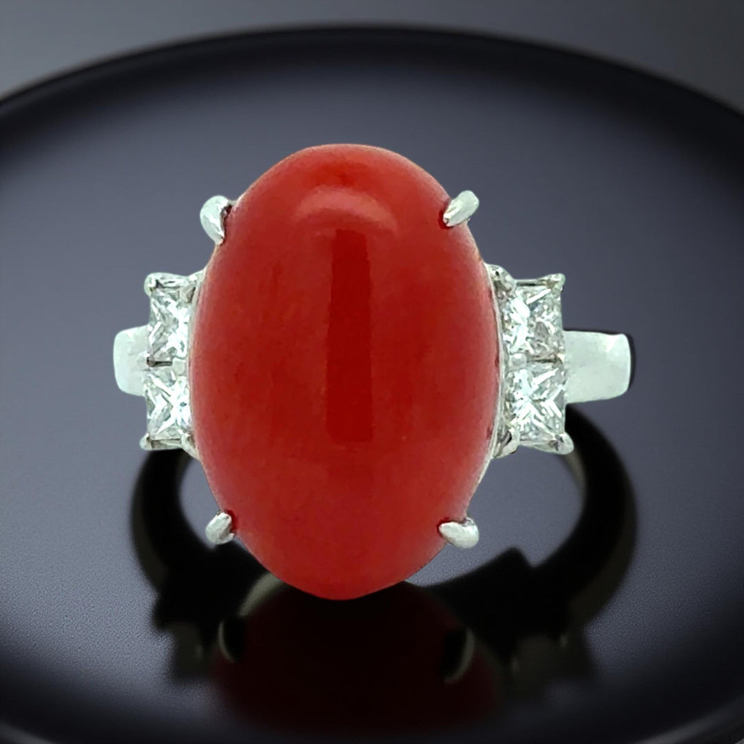 Natural Coral and Diamond Platinum Ring
