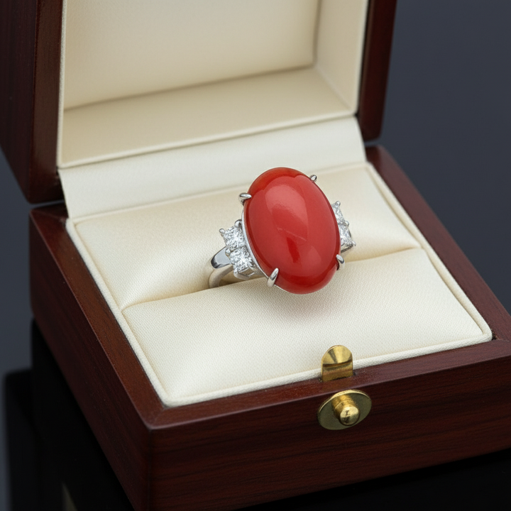 Natural Coral and Diamond Platinum Ring