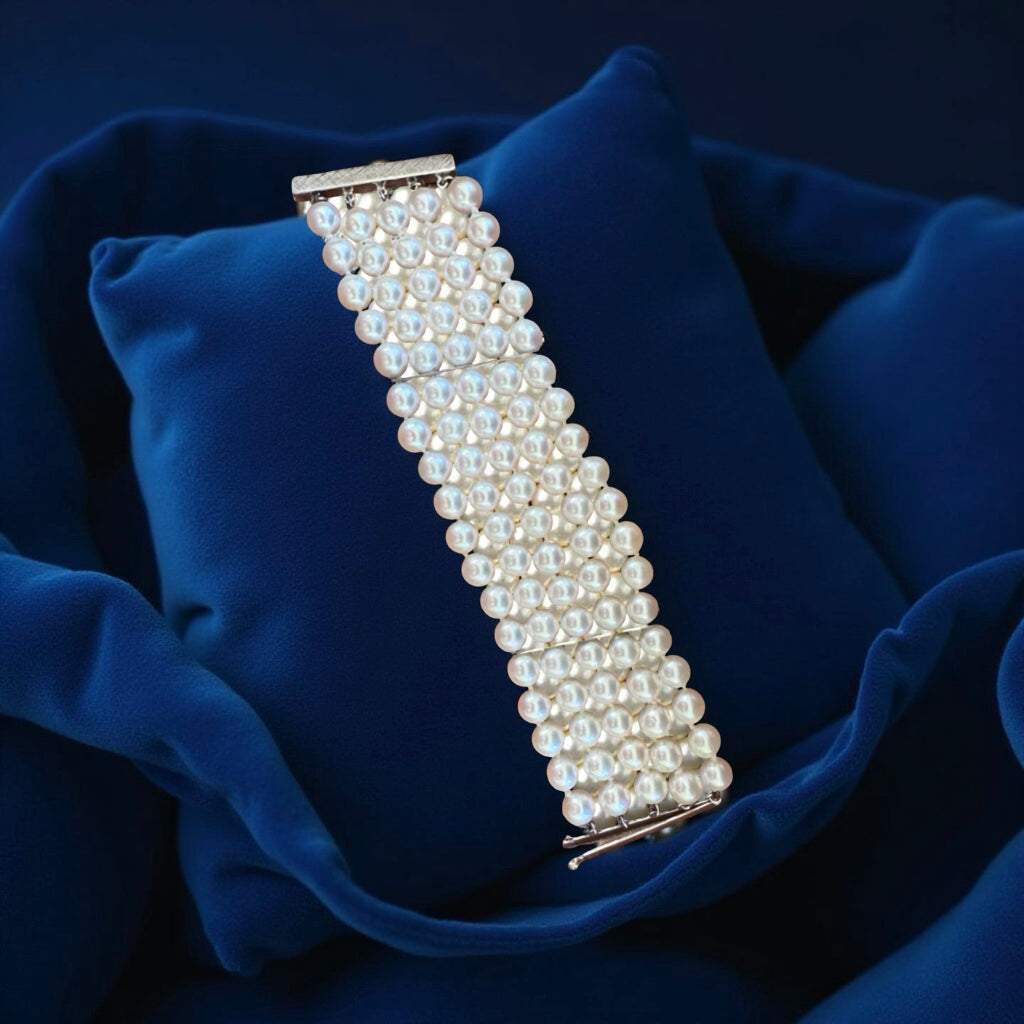 Italian 5 Row 7.75-8.50mm Cultured Pearl 14K White Gold Wide Bracelet