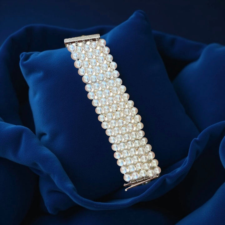 Italian 5 Row 7.75-8.50mm Cultured Pearl 14K White Gold Wide Bracelet