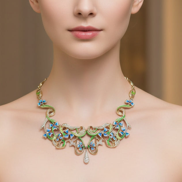 Designer Art Nouveau 1910 Diamond Ruby and Plique-a-Jour 18kt Yellow Gold Necklace -Limited Edition #2 of 12