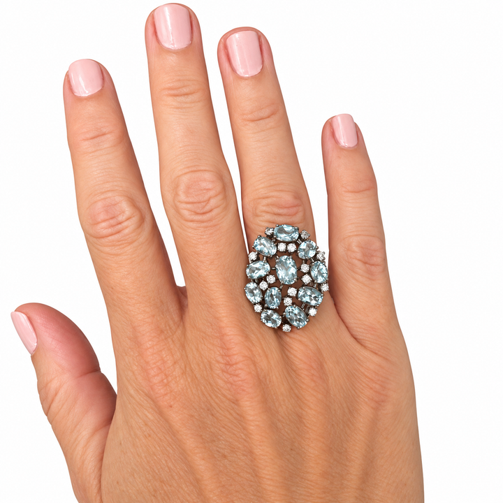 18K White Gold Aquamarine & Diamond Black Rhodium Statement Ring