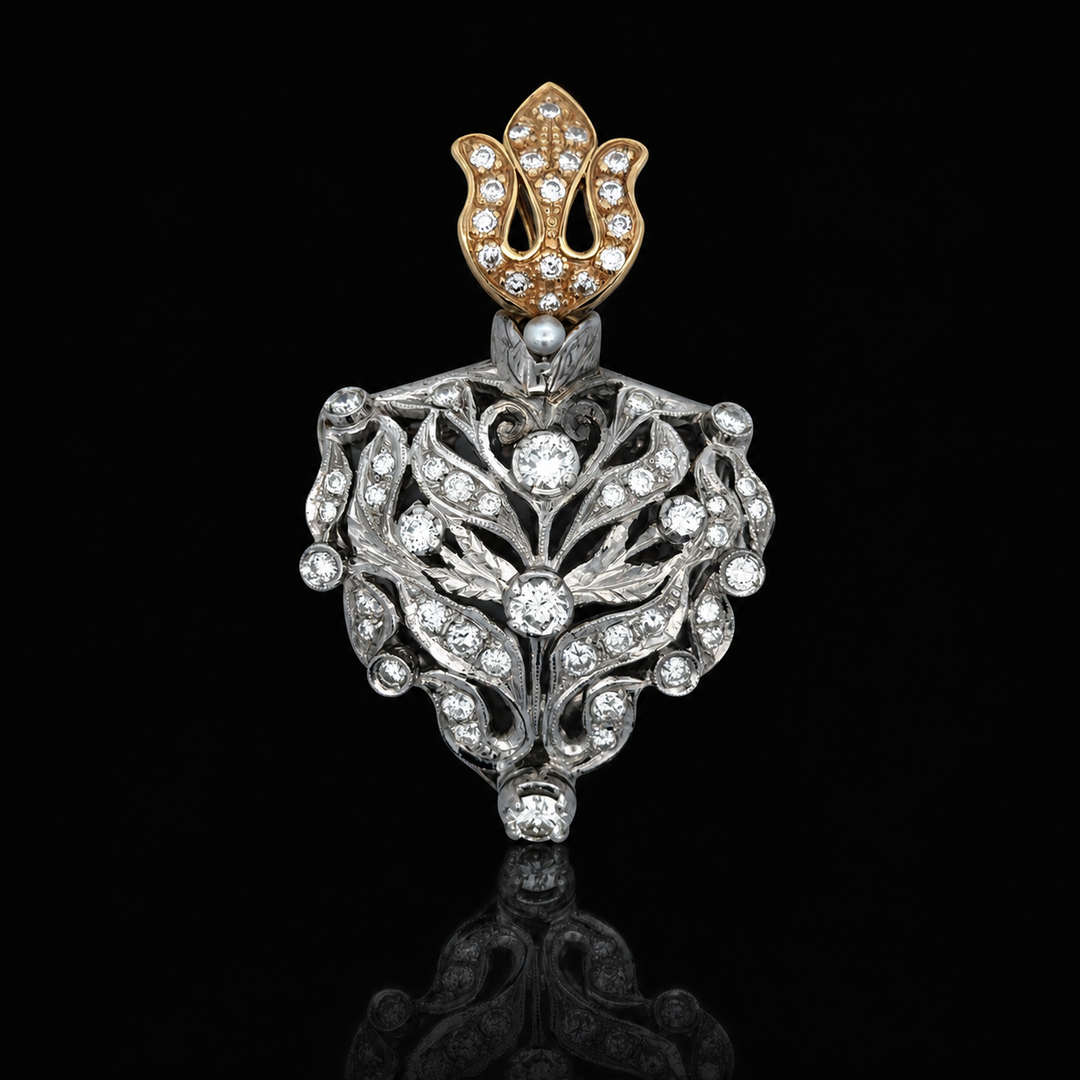 Estate Edwardian 1910 3.25cttw Diamond & Pearl 18Kt White & Yellow Gold Pendant