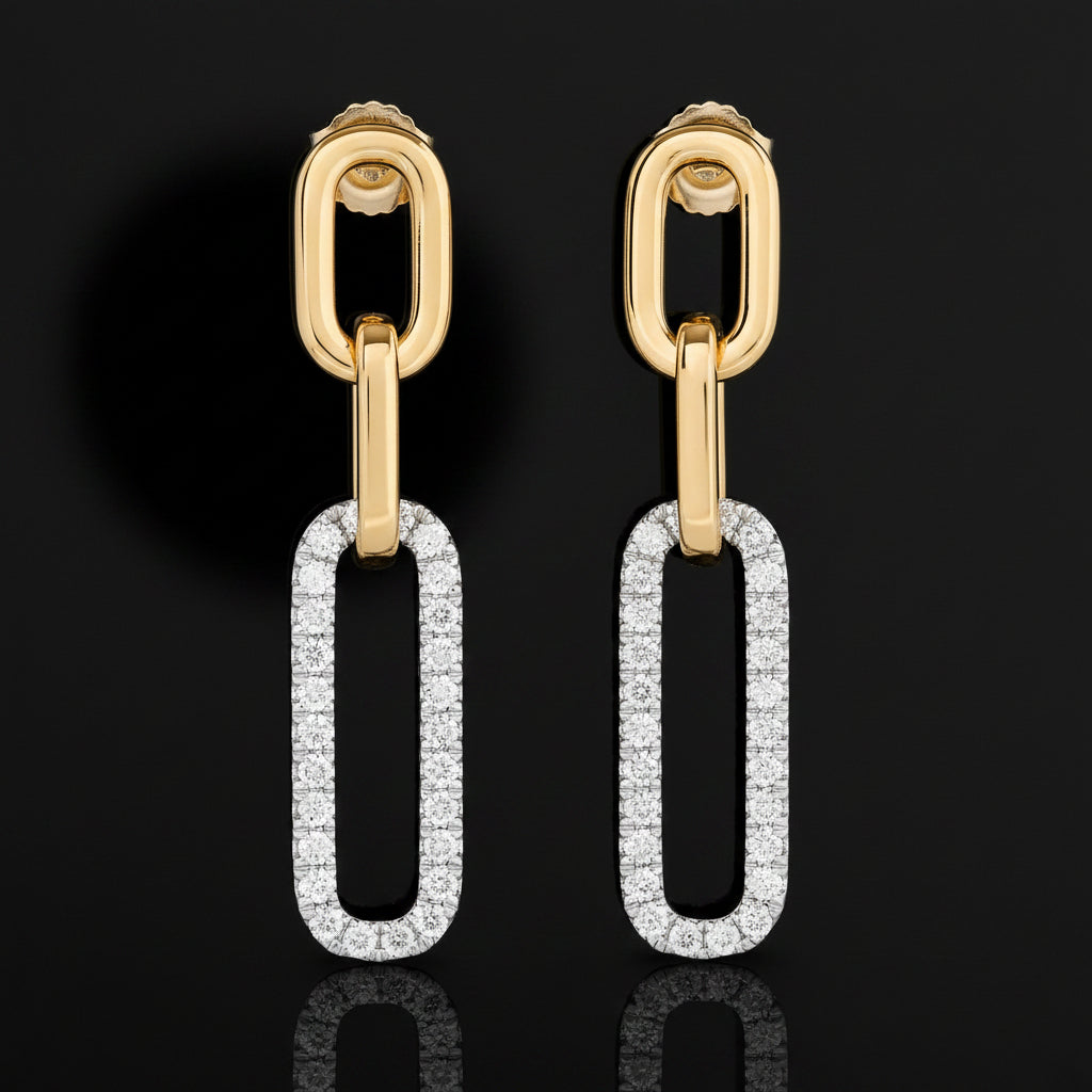 Designer Italian Paper Clip Diamond 14K White & Yellow Gold Earring