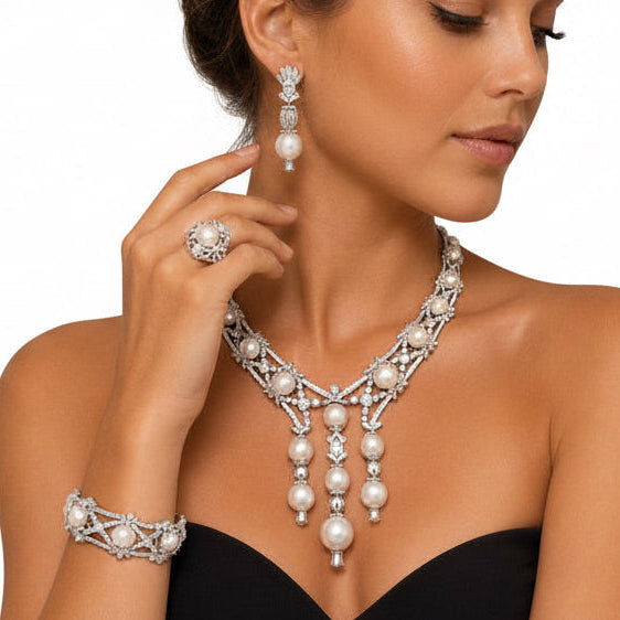 Estate High End Designer Mouawad 125.00cttw Diamond and South Sea Pearl Suite 18Kt White Gold