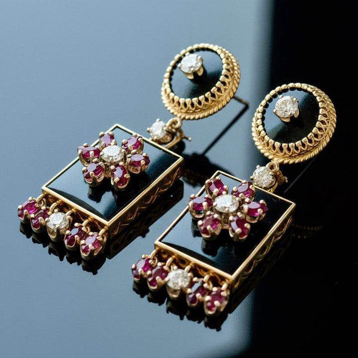 Vintage Diamond Ruby and Onyx Custom Made 14K Yellow/White Gold Earring