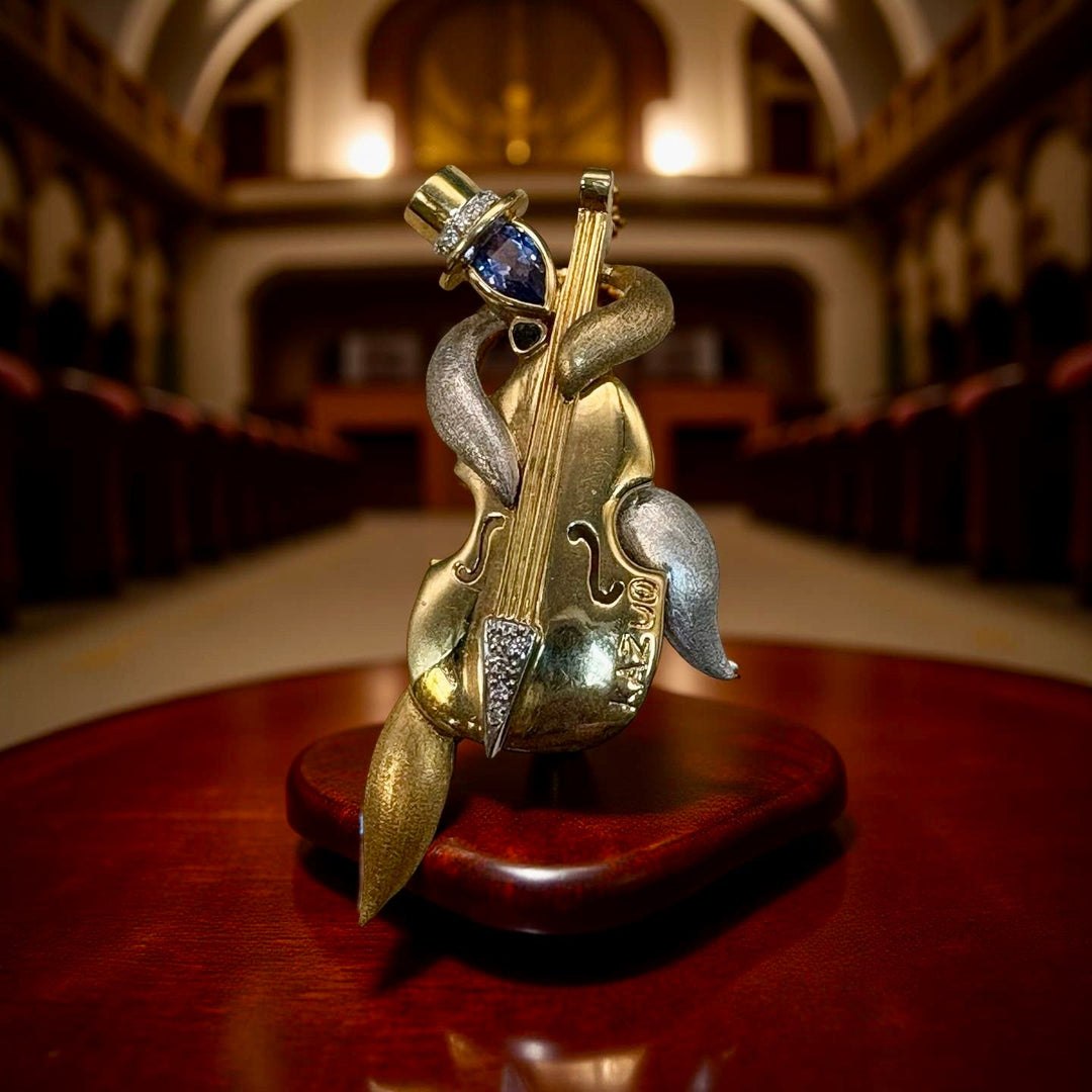 Designer Kazuo Ogana Diamond and Tanzanite Platinum and 18kt Yellow Gold Cello Pendant/Brooch