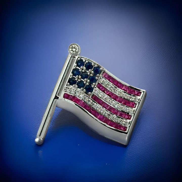 American Flag Diamond, Ruby and Sapphire 14K White Gold Lapel Brooch