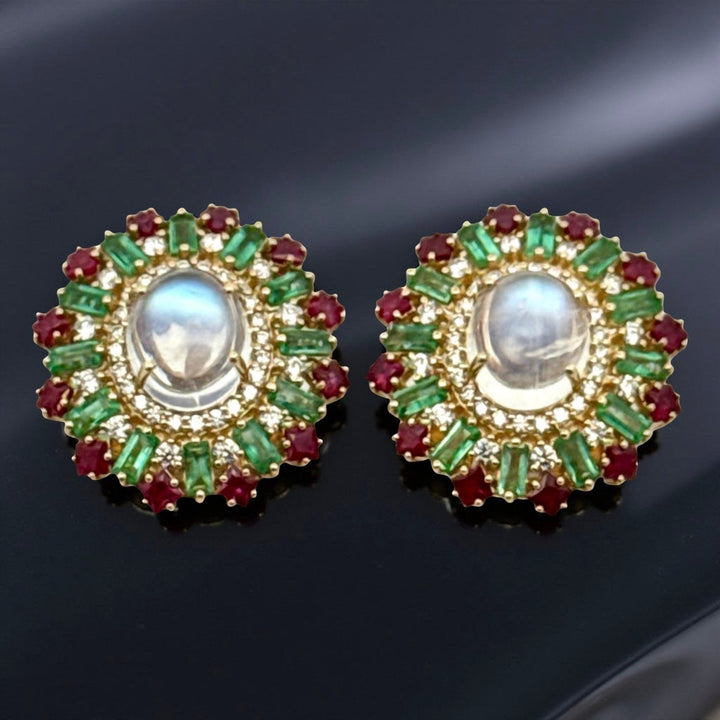 Moonstone, Ruby, Emerald and Diamond 18k Yellow Gold Earrings