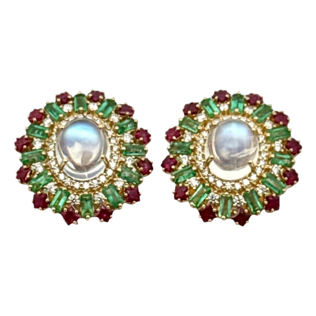 Moonstone, Ruby, Emerald and Diamond 18k Yellow Gold Earrings