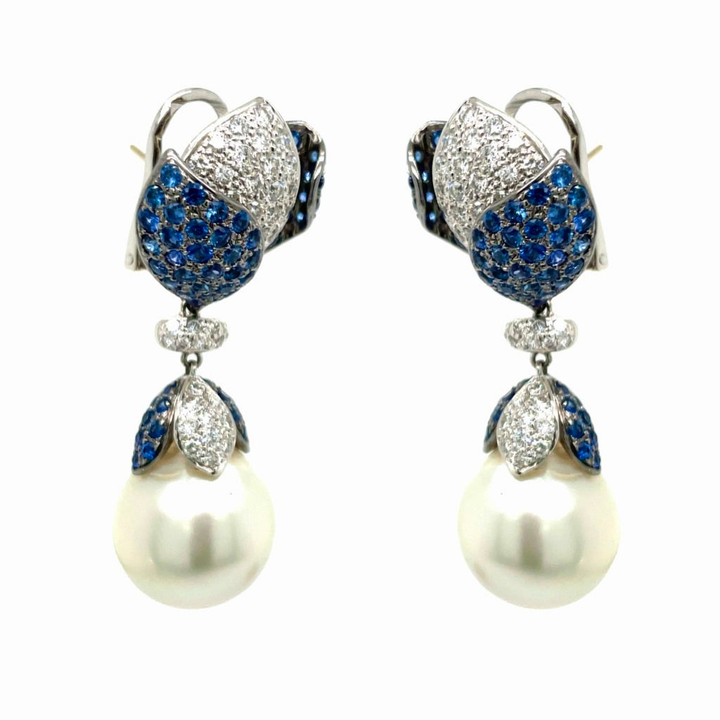 15.76-15.88mm South Sea Pearl, Diamond, Sapphire and 18K White Gold Dangle Earrings