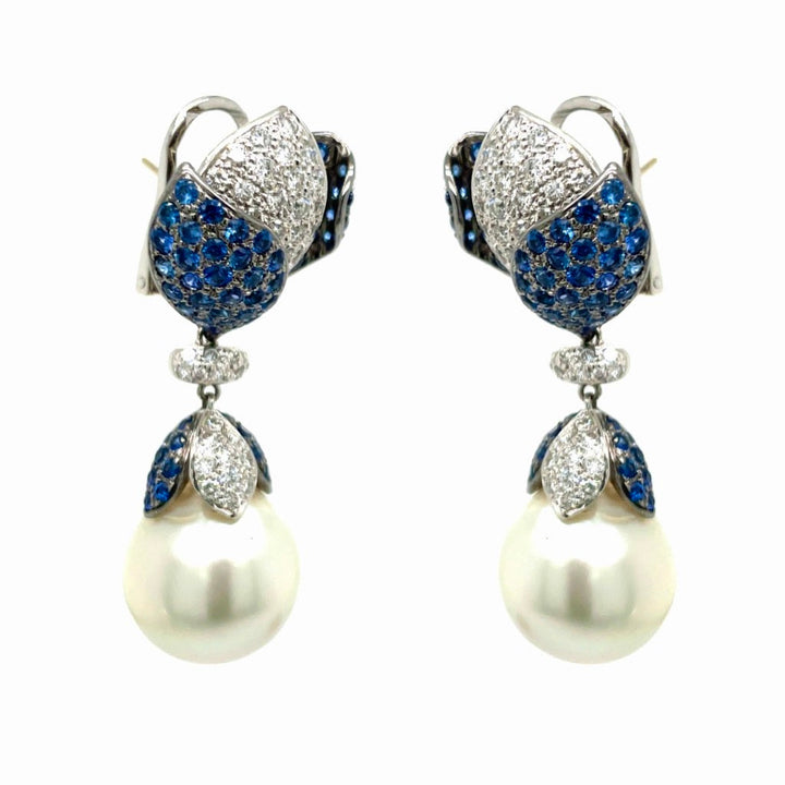 15.76-15.88mm South Sea Pearl, Diamond, Sapphire and 18K White Gold Dangle Earrings