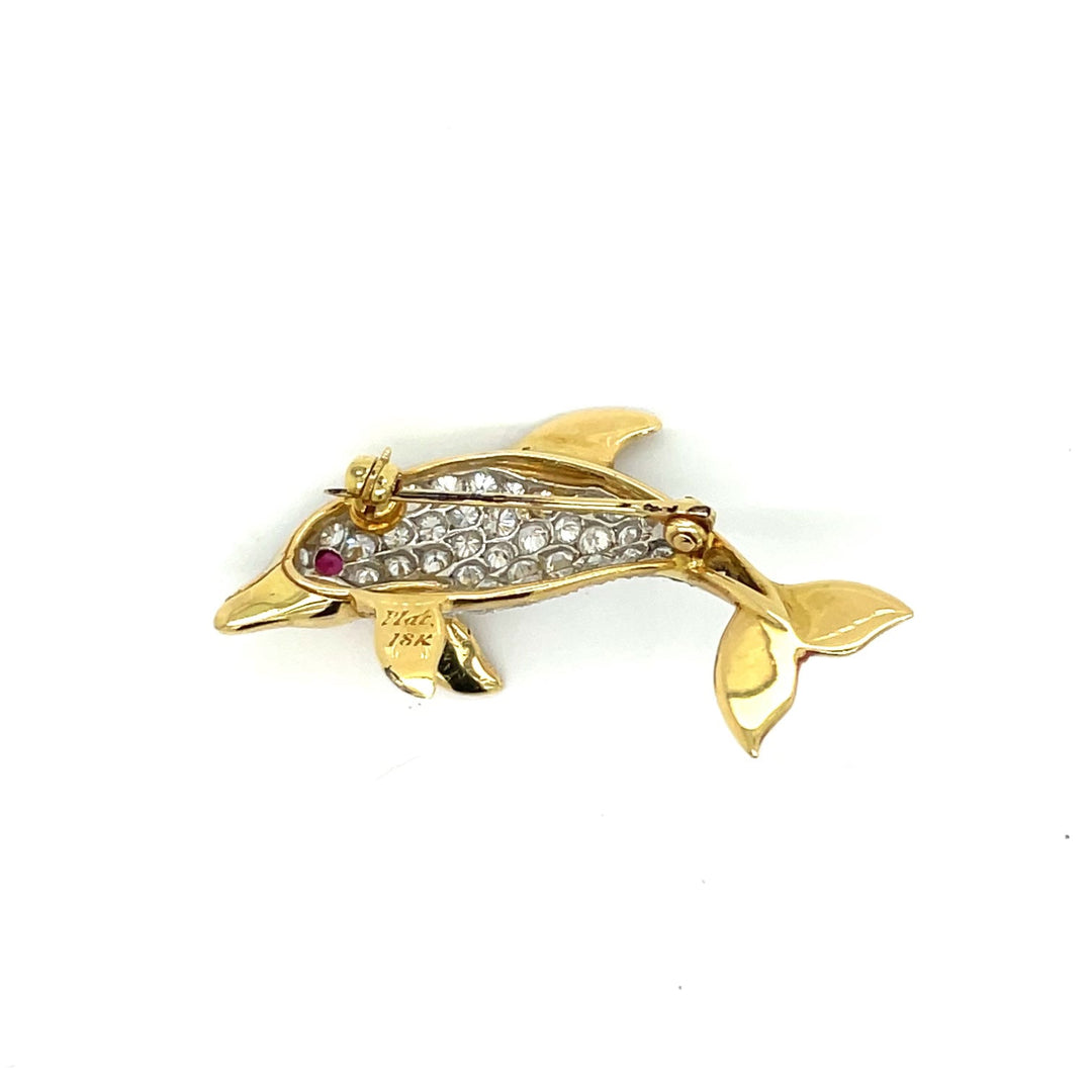 Diamond Platinum/18K Yellow Gold Dolphin Brooch