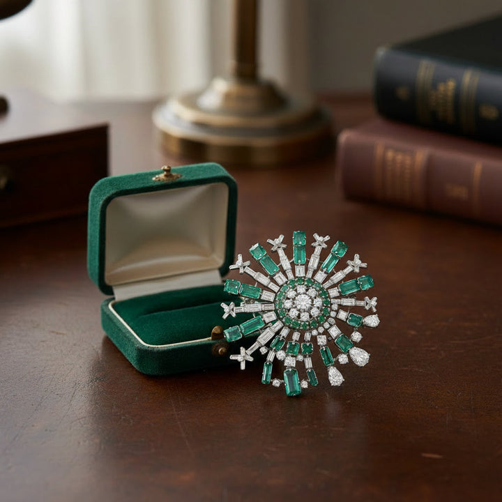 Mid Century 1960's Modern 14kt White Gold Emerald and Diamond Starburst Brooch
