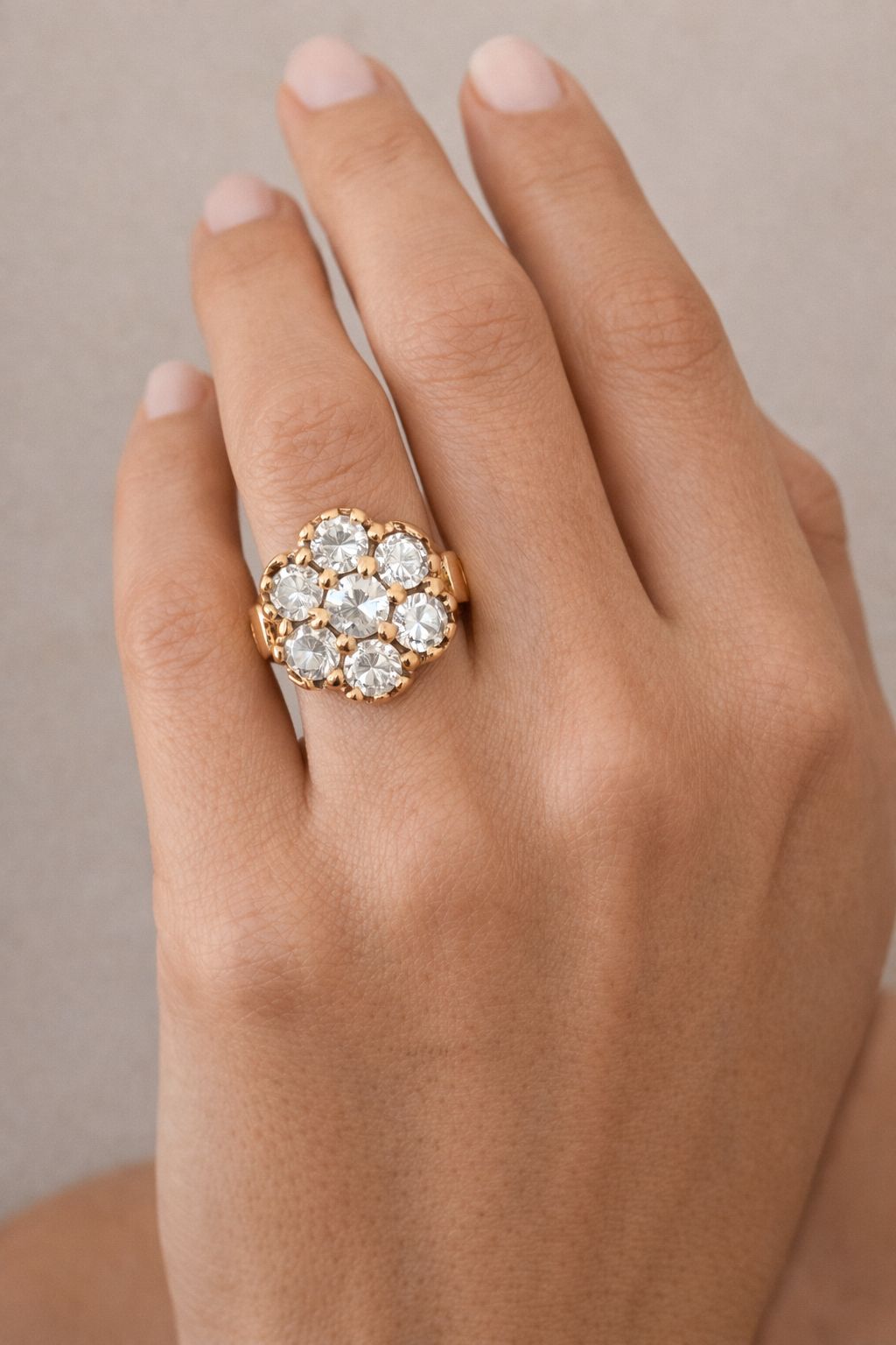 Antique Victorian Seven Diamond and 14K Yellow Gold Flower Ring