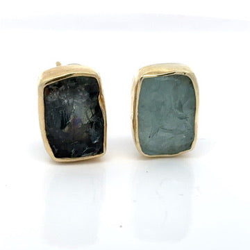 Modern Designer Rough Cut Aquamarine, Silver & 18kt Yellow Gold Set