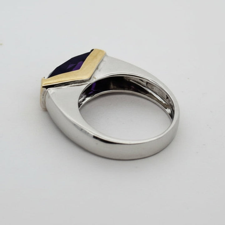 Italian Designer Checker Board Cut Amethyst 18K Yellow and White Gold Ring