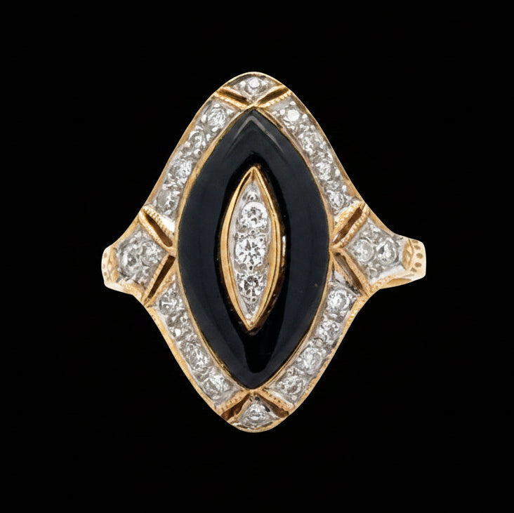 Vintage Onyx & Diamond 18K  Yellow Gold Ring