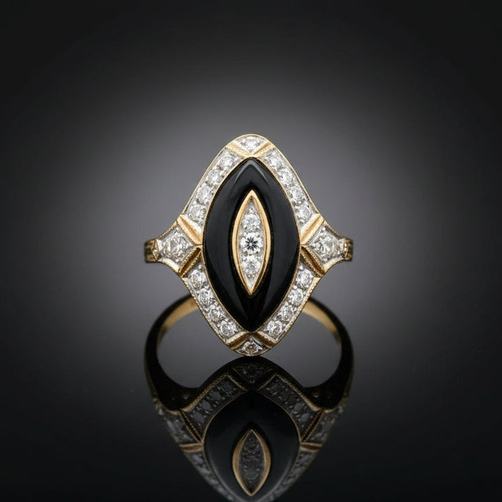 Vintage Onyx & Diamond 18K  Yellow Gold Ring