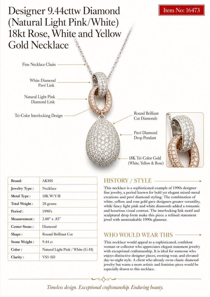 Designer 9.44cttw Diamond (Natural Light Pink/White) 18kt Rose, White and Yellow Gold Necklace