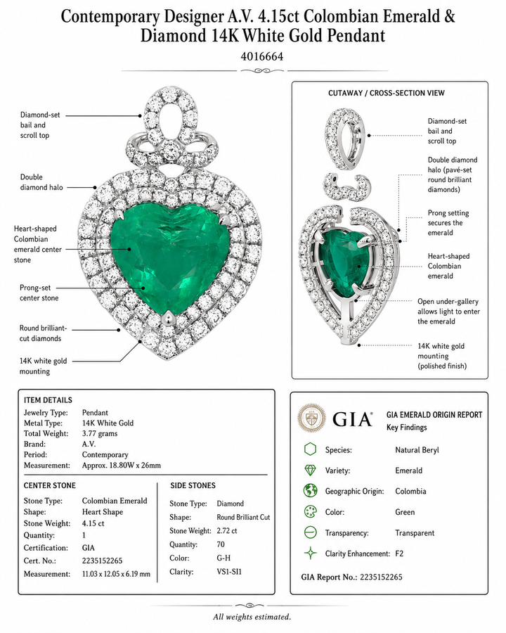 Contemporary Designer A.V. 4.15ct Colombian Emerald & Diamond 14K White Gold Pendant