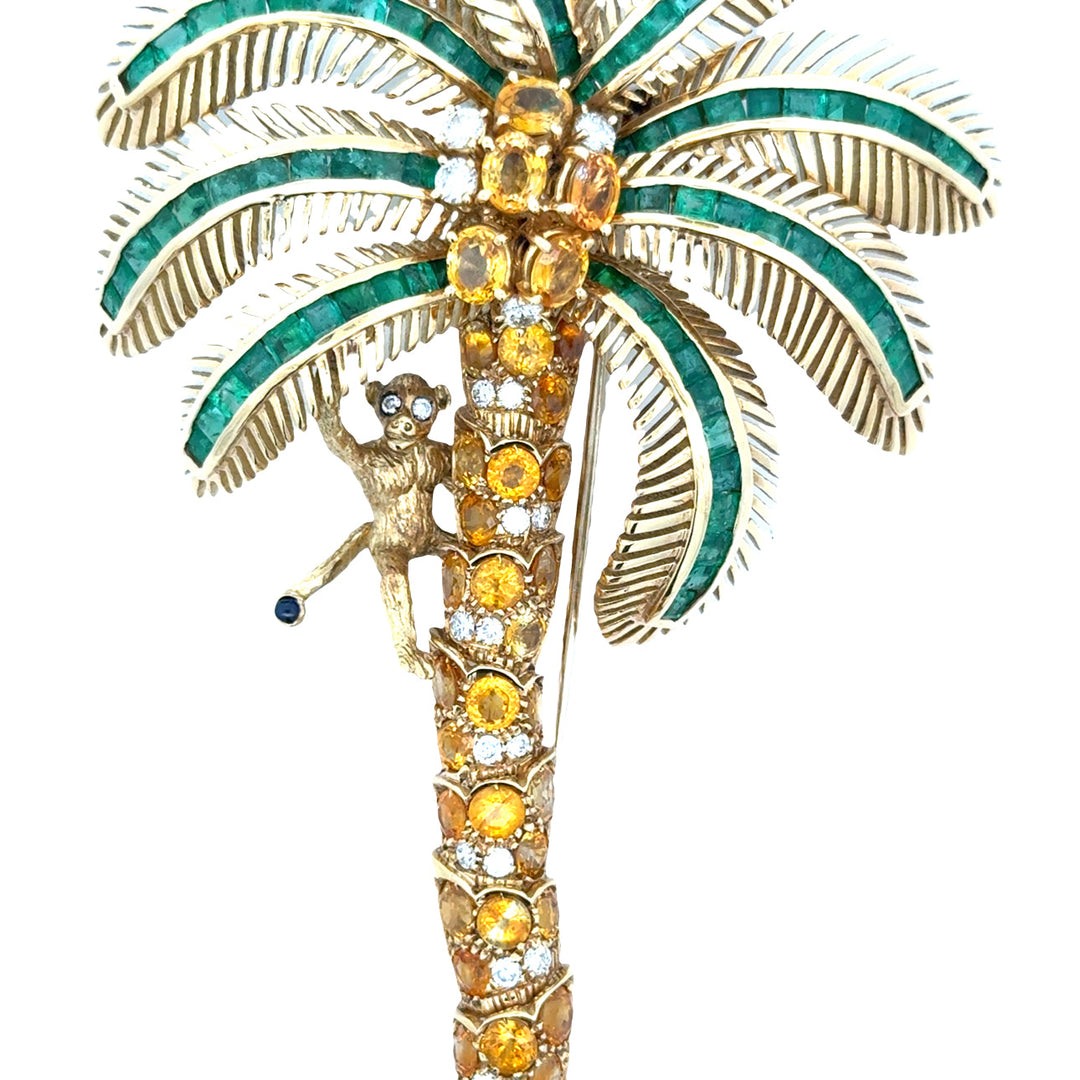 Italian Modern 1980's 18K Yellow God 15.00 cttw Yellow Sapphire, Emerald and Diamond Monkey on Palm Tree Brooch