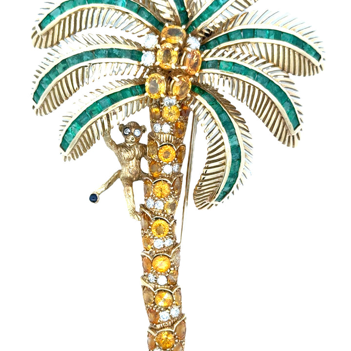 Italian Modern 1980's 18K Yellow God 15.00 cttw Yellow Sapphire, Emerald and Diamond Monkey on Palm Tree Brooch