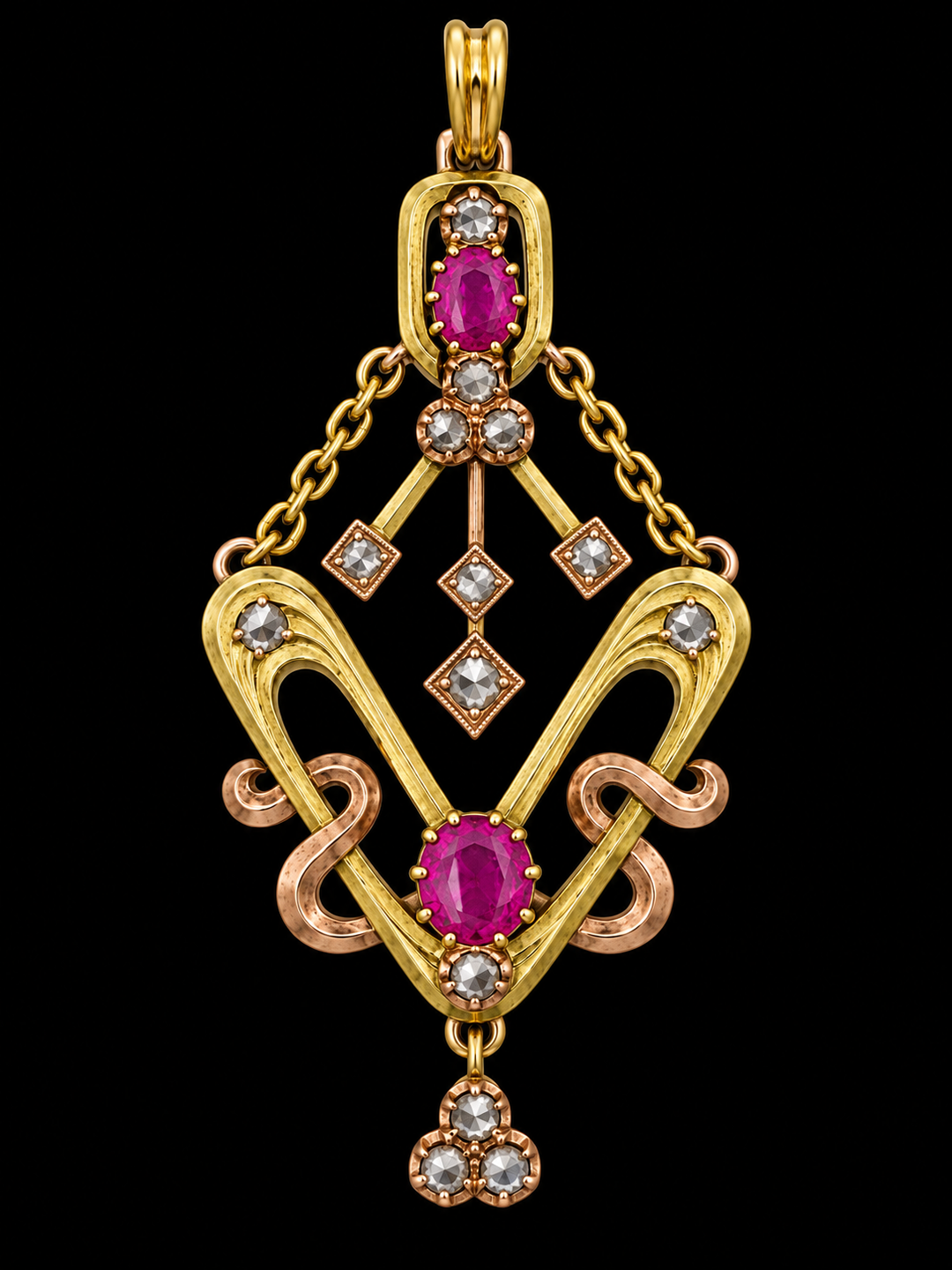 Estate Rose Cut Diamond & Pink Sapphire 14KT Yellow Gold Pendant