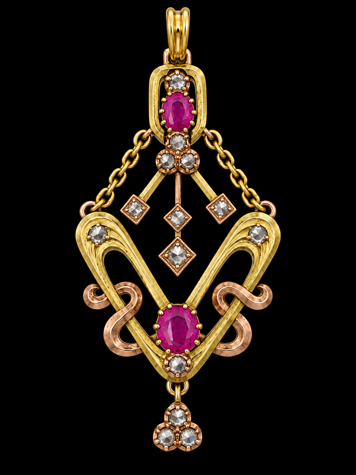 Estate Rose Cut Diamond & Pink Sapphire 14KT Yellow Gold Pendant