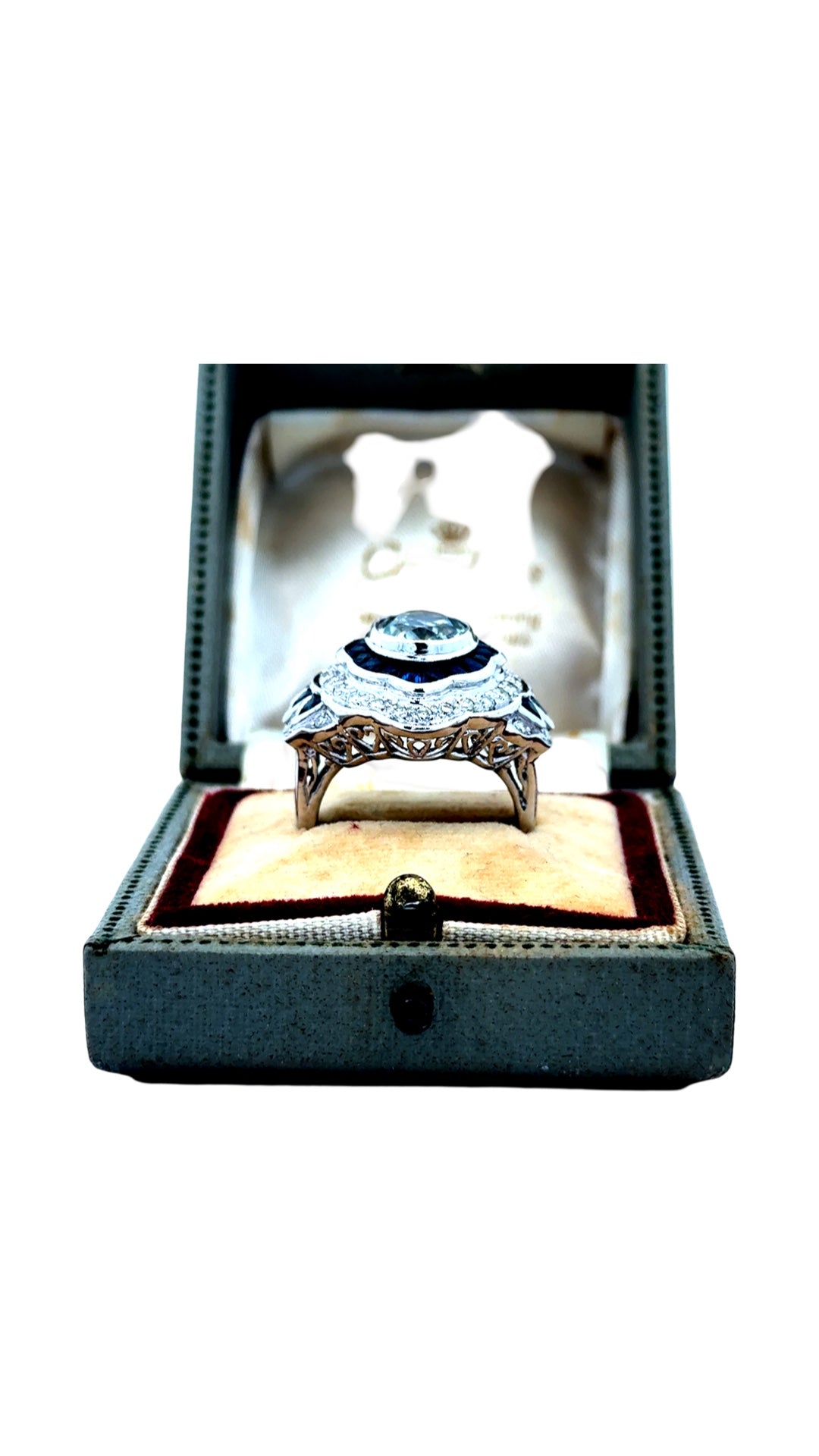 Estate Art Deco Reproduction French Cut Sapphire Diamond Aqua Ring