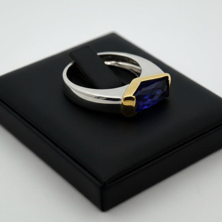 Italian Designer Checker Board Cut Amethyst 18K Yellow and White Gold Ring