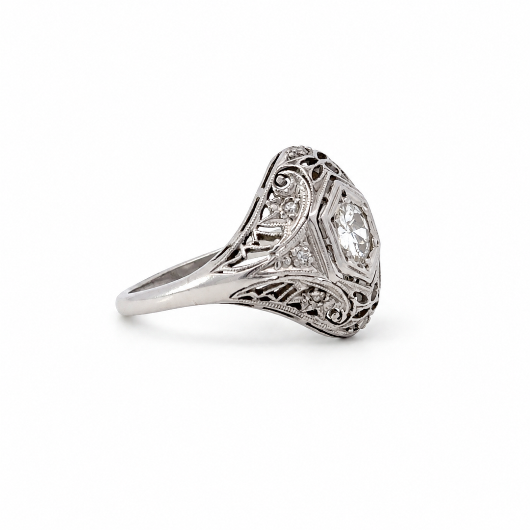 Art Deco Platinum Old European Cut Diamond Filigree Ring – 0.34 CTW