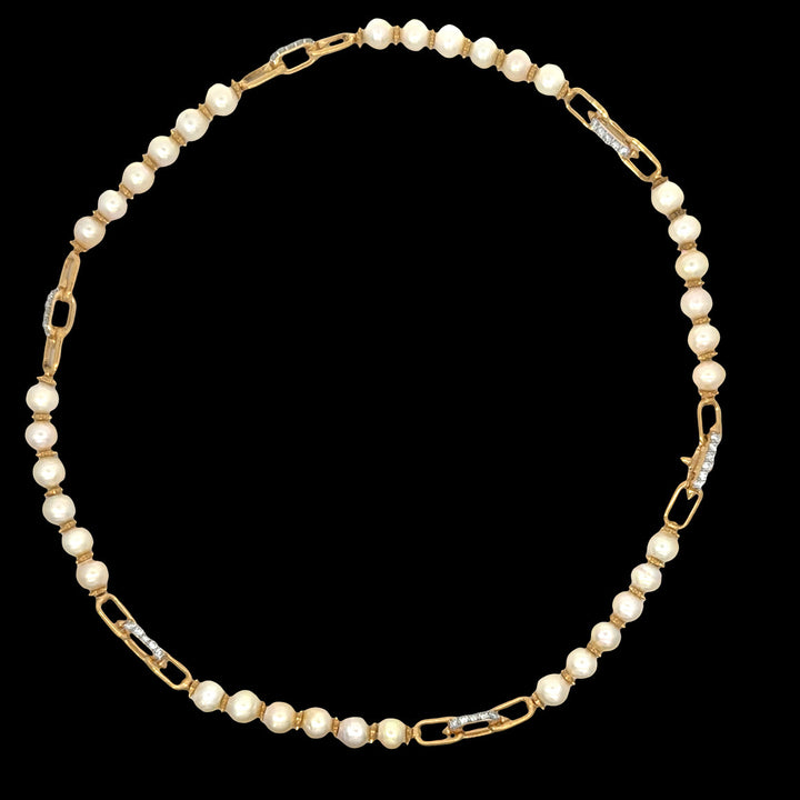 Freshwater Pearl and Lab Diamond Station Paperclip Necklace