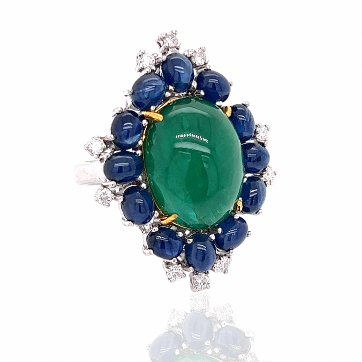 Parisian Inspired Emerald, Sapphire and Diamond 18K White Gold Ring
