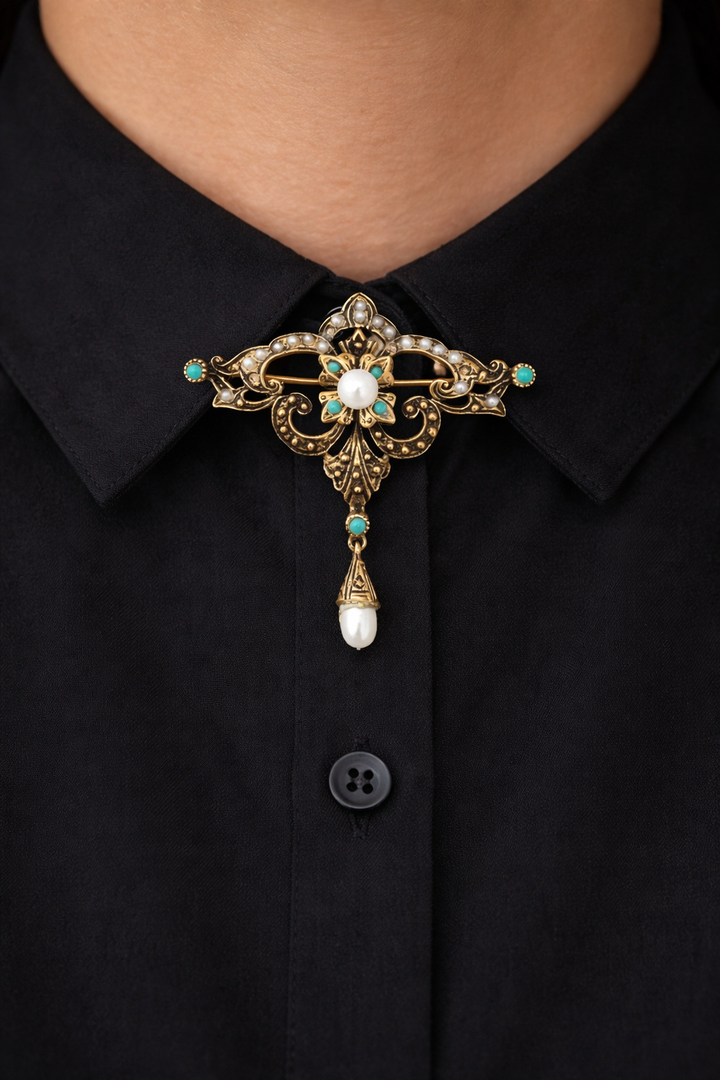 Victorian 14K Gold Turquoise & Natural Seed Pearl Convertible Brooch Pendant with Pearl Drop, Russian Mark