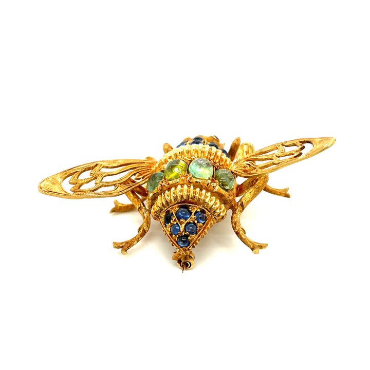 Sapphire Ruby and Peridot 18K Yellow Gold Bee Pin