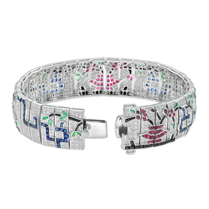 Custom Made Diamond Ruby Emerald Onyx Sapphire 18K White Gold Bracelet