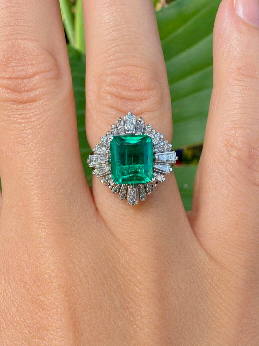 Mid Century Modern Colombia Emerald and Diamond Platinum Ring