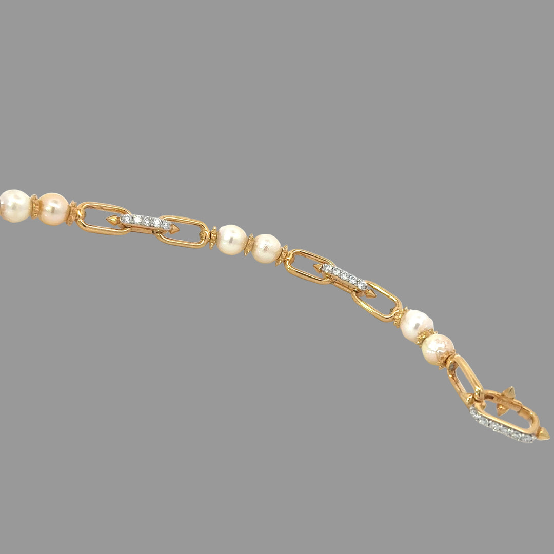 Freshwater Pearl and Lab Diamond Station Paperclip Bracelet