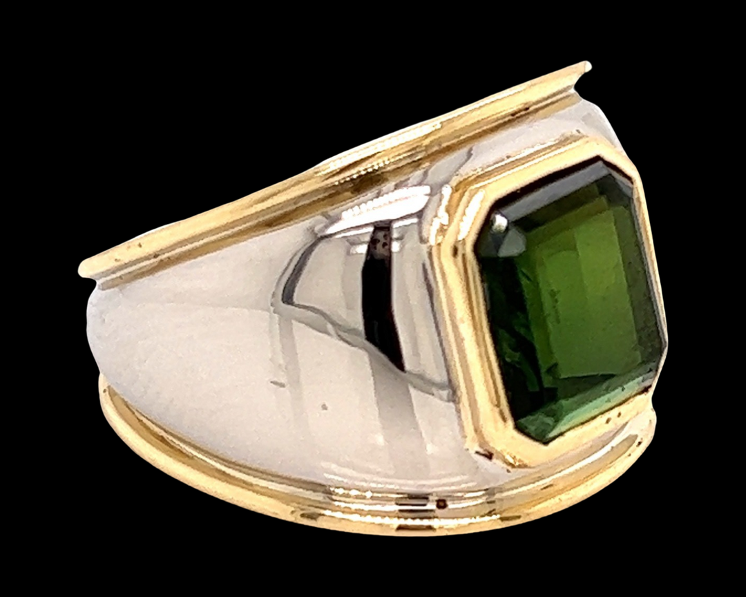 Green Tourmaline and 14K/18K White/Yellow Bold Gold Ring