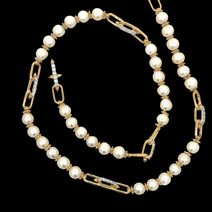 Freshwater Pearl and Lab Diamond Station Paperclip Necklace