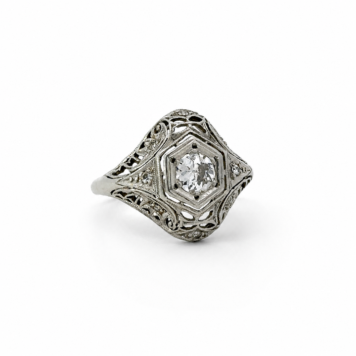 Art Deco Platinum Old European Cut Diamond Filigree Ring – 0.34 CTW