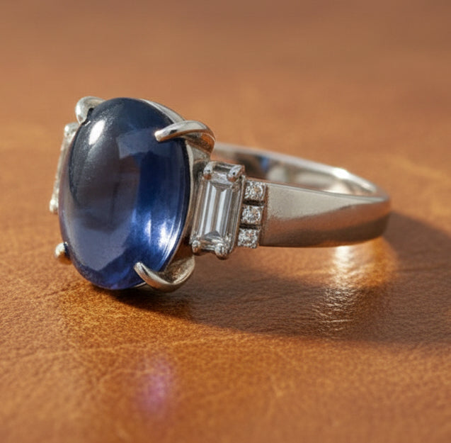 Star Sapphire, Diamond and Platinum 3-Stone Ring