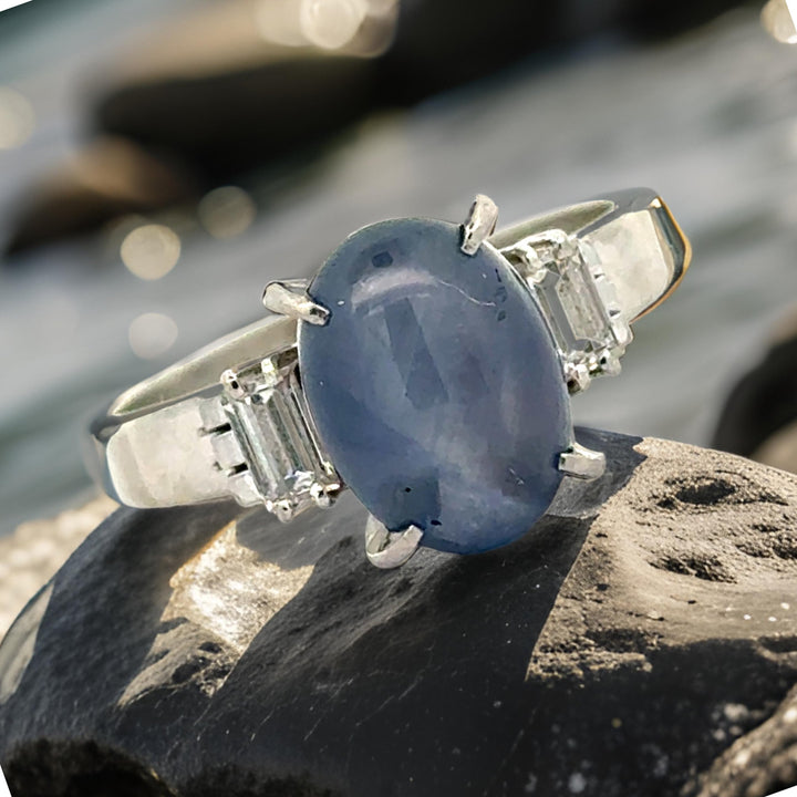 Star Sapphire, Diamond and Platinum 3-Stone Ring