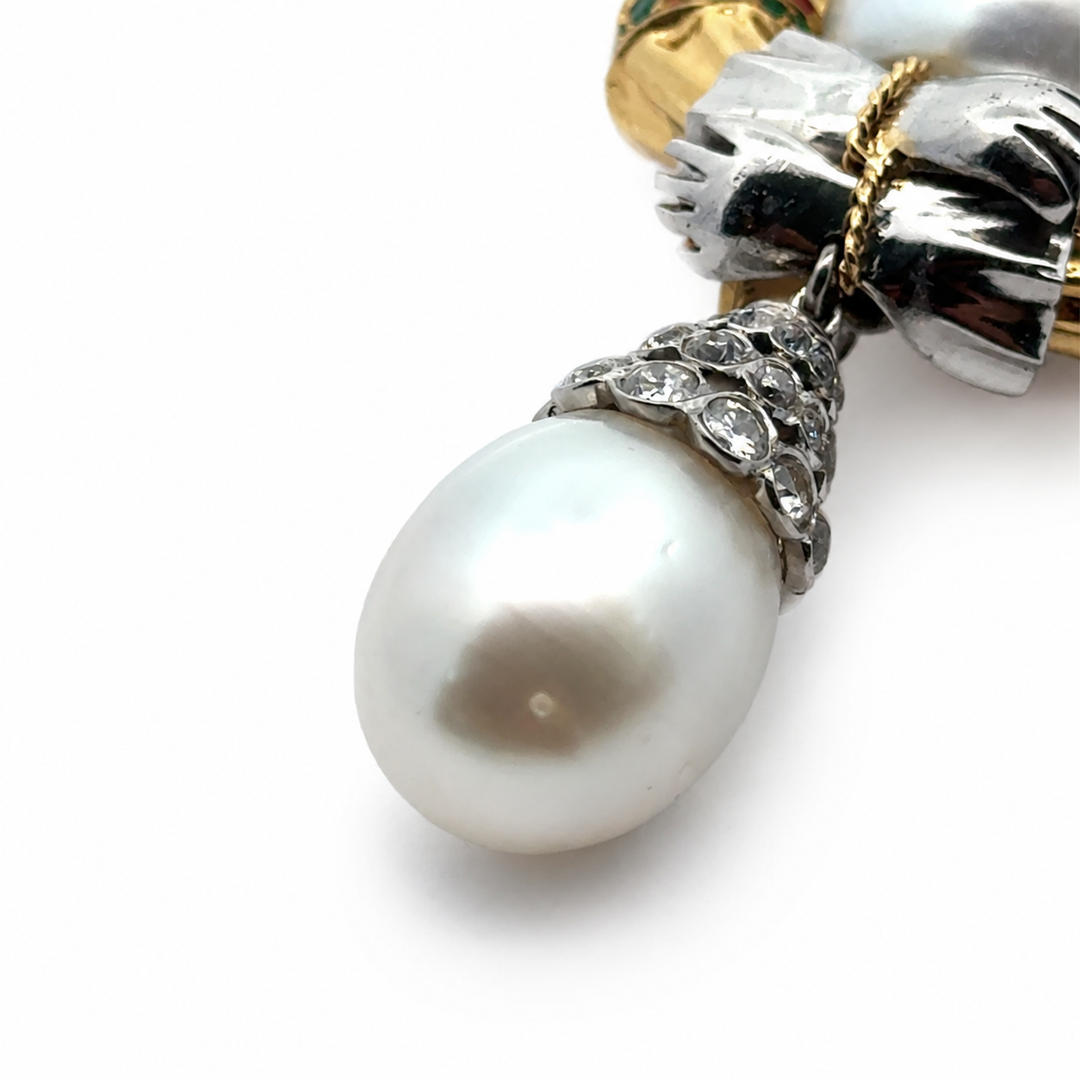 Estate Royal Coronation Diamond, Emerald, Burma Ruby, South Sea Pearl Pendant/Brooch 18Kt Yellow/White Gold