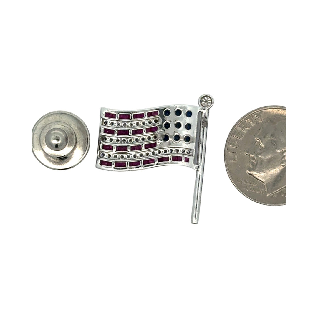 The Presidential  American Flag Diamond, Ruby, Sapphire Lapel Brooch 14K White Gold 15278