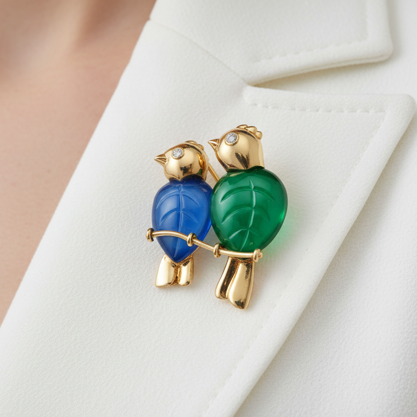 Cartier Paris 1989 Revival Love Birds Diamond and Chalcedony 18K Yellow Gold Pendant/Brooch