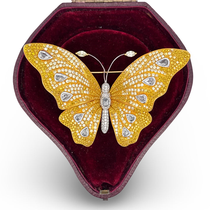 Butterfly Natural Fancy Yellow and White Diamond 18Kt Yellow and White Gold Brooch