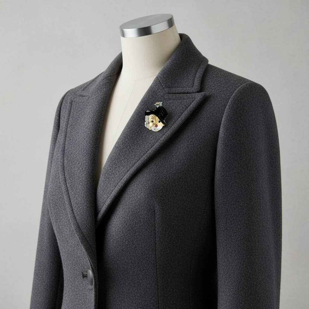 Clown Diamond, Onyx, Ruby 14K Yellow and White Gold Pendant Brooch