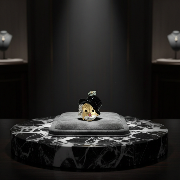 Clown Diamond, Onyx, Ruby 14K Yellow and White Gold Pendant Brooch